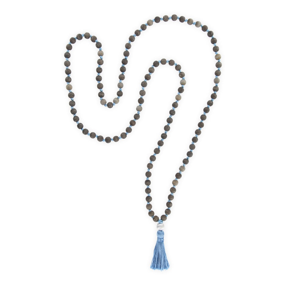 Mala-Kette "Vintage" - Holz Grau, Quaste Blau, Perle Silber - YOGISHOP