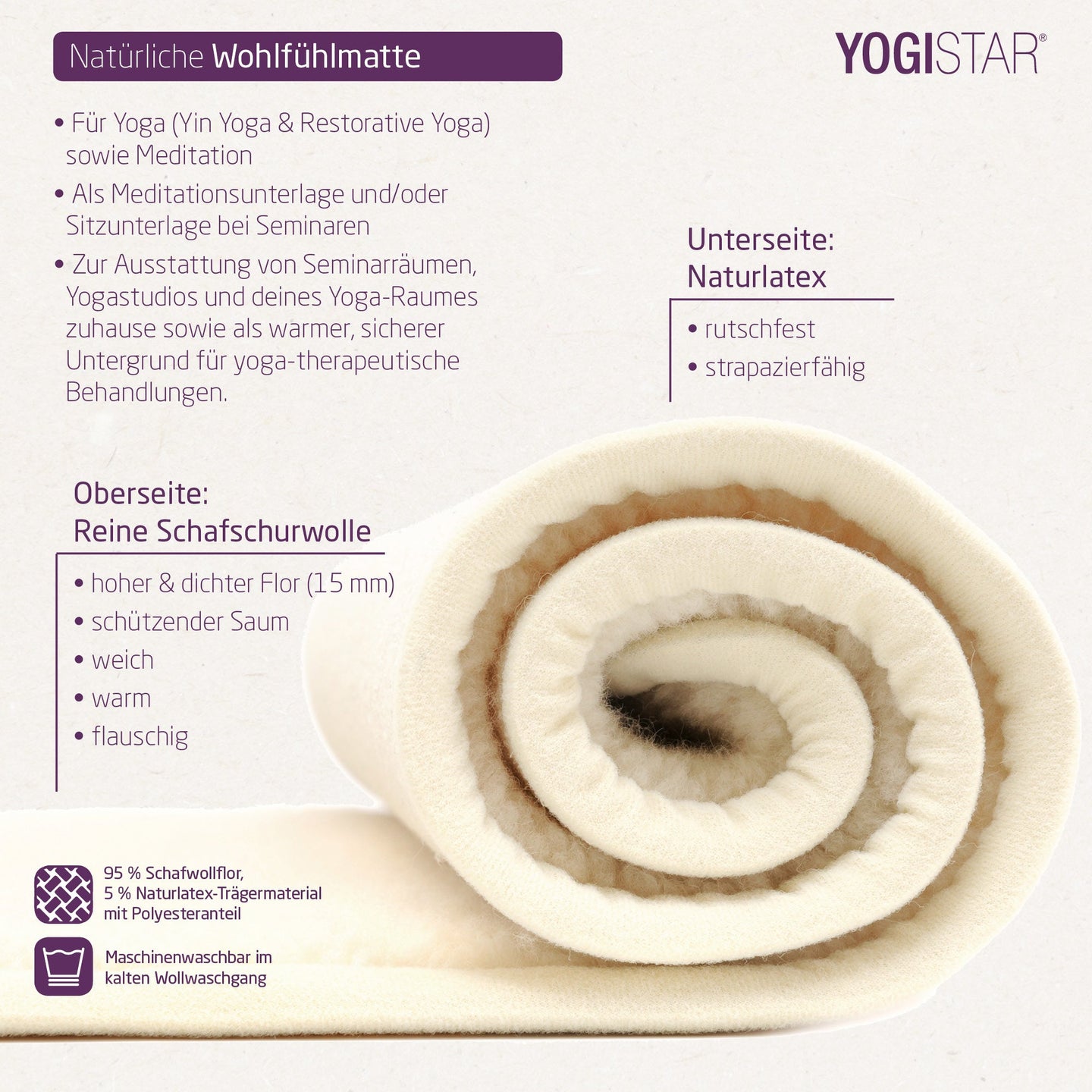Yogamatte yogimat® natur - Schurwolle - umsäumt - YOGISHOP