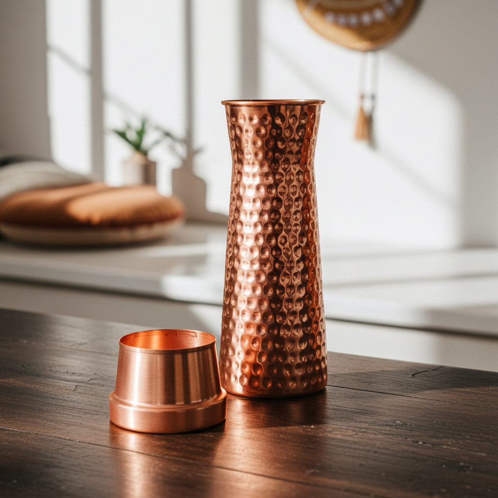 Kupferkaraffe mit Becher gehämmert, 1,1 l - YOGISHOP