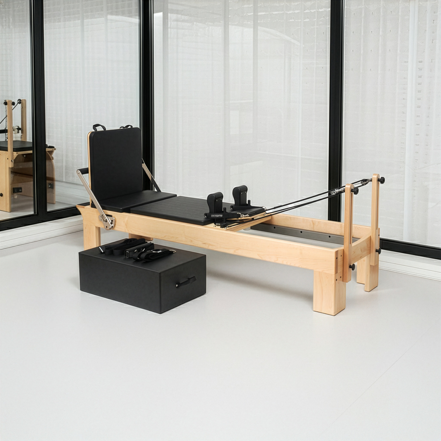 Pilates Reformer Ahorn "Therapeutic Leg" (inkl. Sitting Box und Jump Board) - schwarz