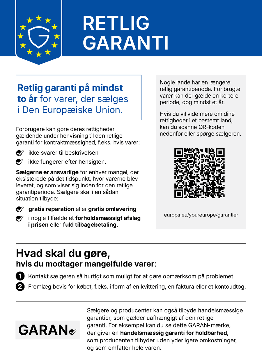 EU notice: in the European Union, a minimum legal guarantee of 2 years applies to the purchase of new goods.