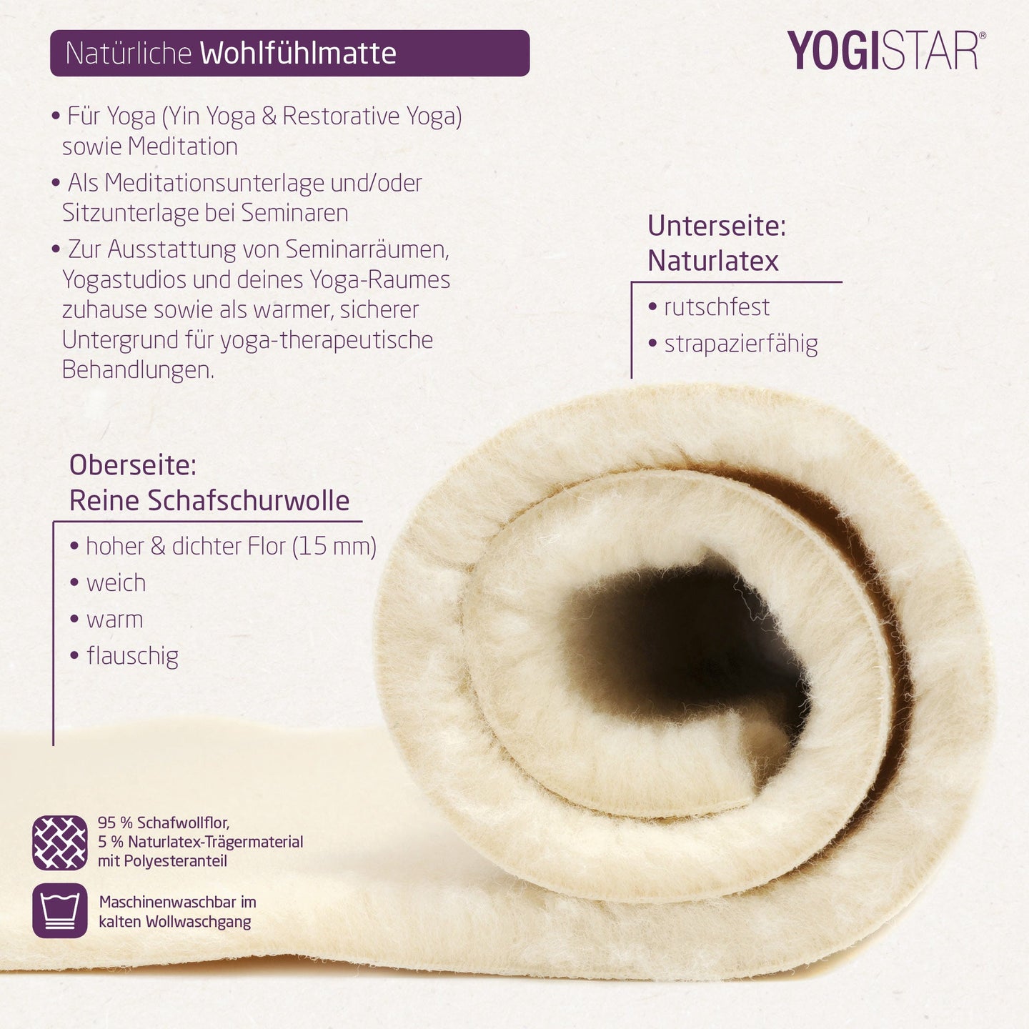 Yogamatte yogimat® natur - Schurwolle - Sondergröße 100x180 cm - YOGISHOP