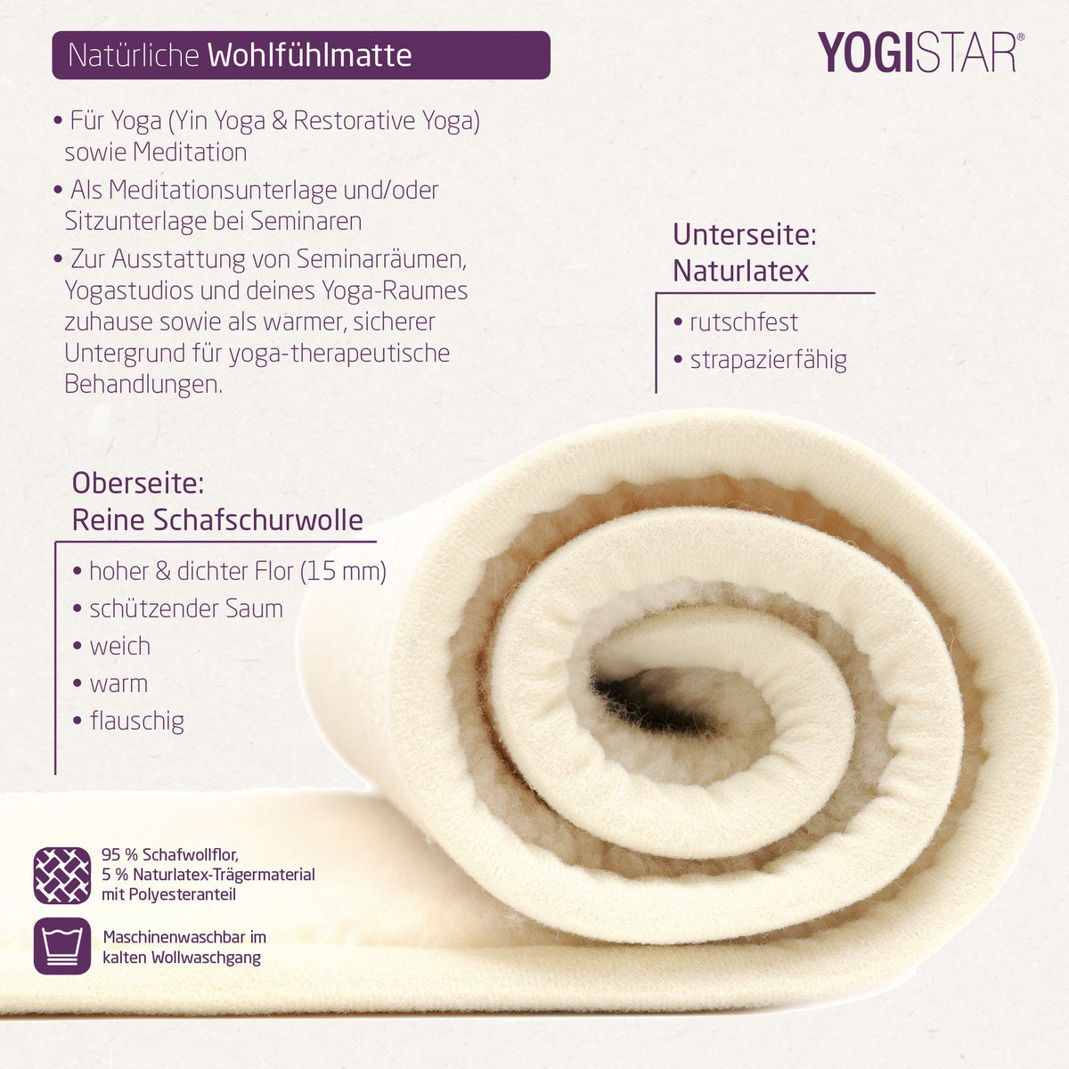 Yogamatte yogimat® natur - Schurwolle - umsäumt