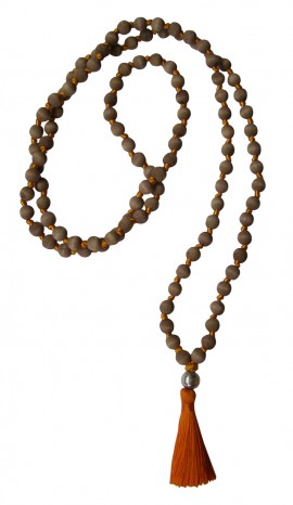 Mala necklace "Vintage" - wood brown, tassel orange, bead silver Wood brown, tassel orange, bead silver
