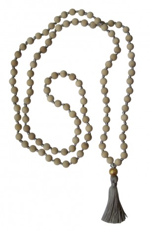 Mala necklace "Vintage" - wood light brown, tassel silver grey, pearl gold Wood white, tassel silver grey, pearl gold