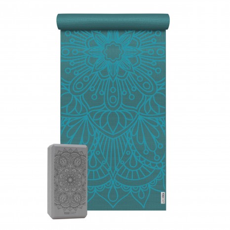 Yoga-Set Starter Edition - lotus mandala (Yogamatte + 1 Yogablock) petrol